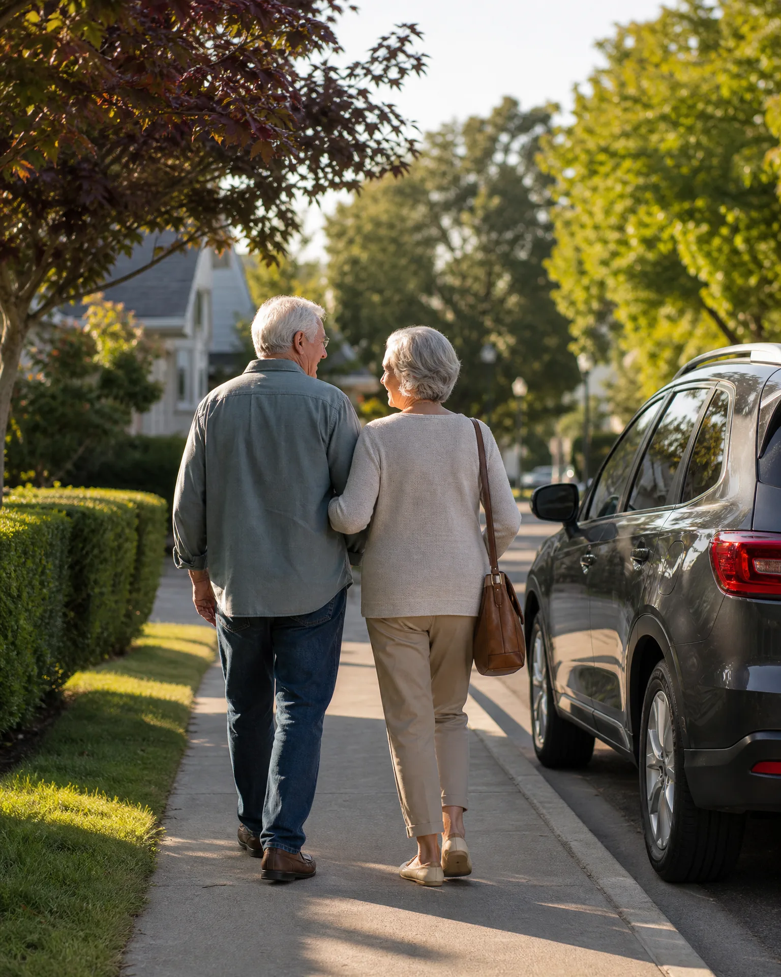 An older man and woman walk arm in arm away from the camera along a sidewalk, with a dark SUV parked at the curb to the right and trees and hedges lining the street.