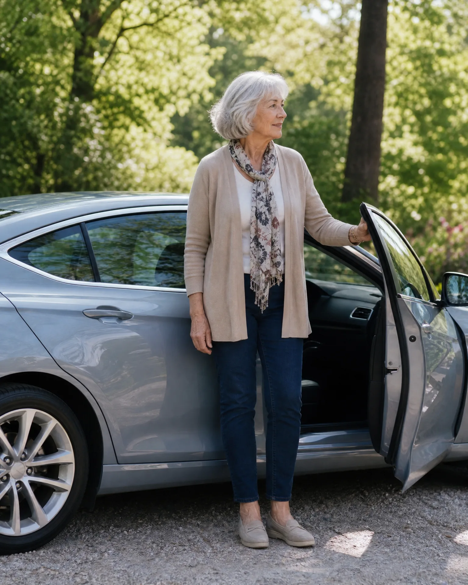 An older woman with white hair, wearing a beige cardigan, floral scarf, jeans and loafers, stands beside a silver sedan with the front passenger door open on a gravel area with green trees behind.