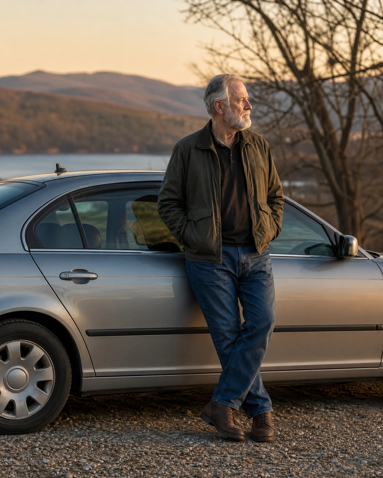 A gray-haired bearded man in a dark green jacket, jeans and brown boots leans against a silver sedan on gravel, with a lake, bare tree and low hills behind him at sunset.