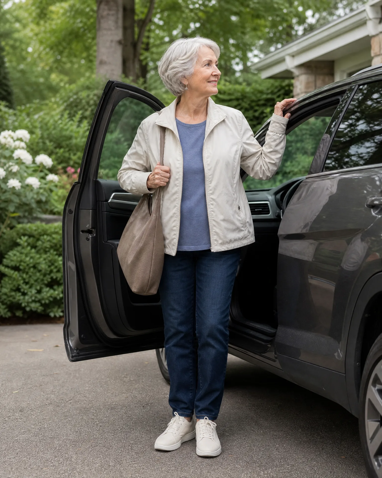 An older woman with short gray hair, wearing a light jacket, blue top, jeans, white sneakers and a tan shoulder bag, stands beside the open driver's door of a dark SUV on a paved driveway with shrubs and trees behind.