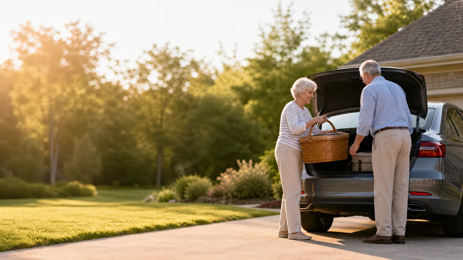 An older woman holding a wicker picnic basket and an older man load items into the open rear hatch of a car parked on a driveway beside a lawn and trees in low sunlight.