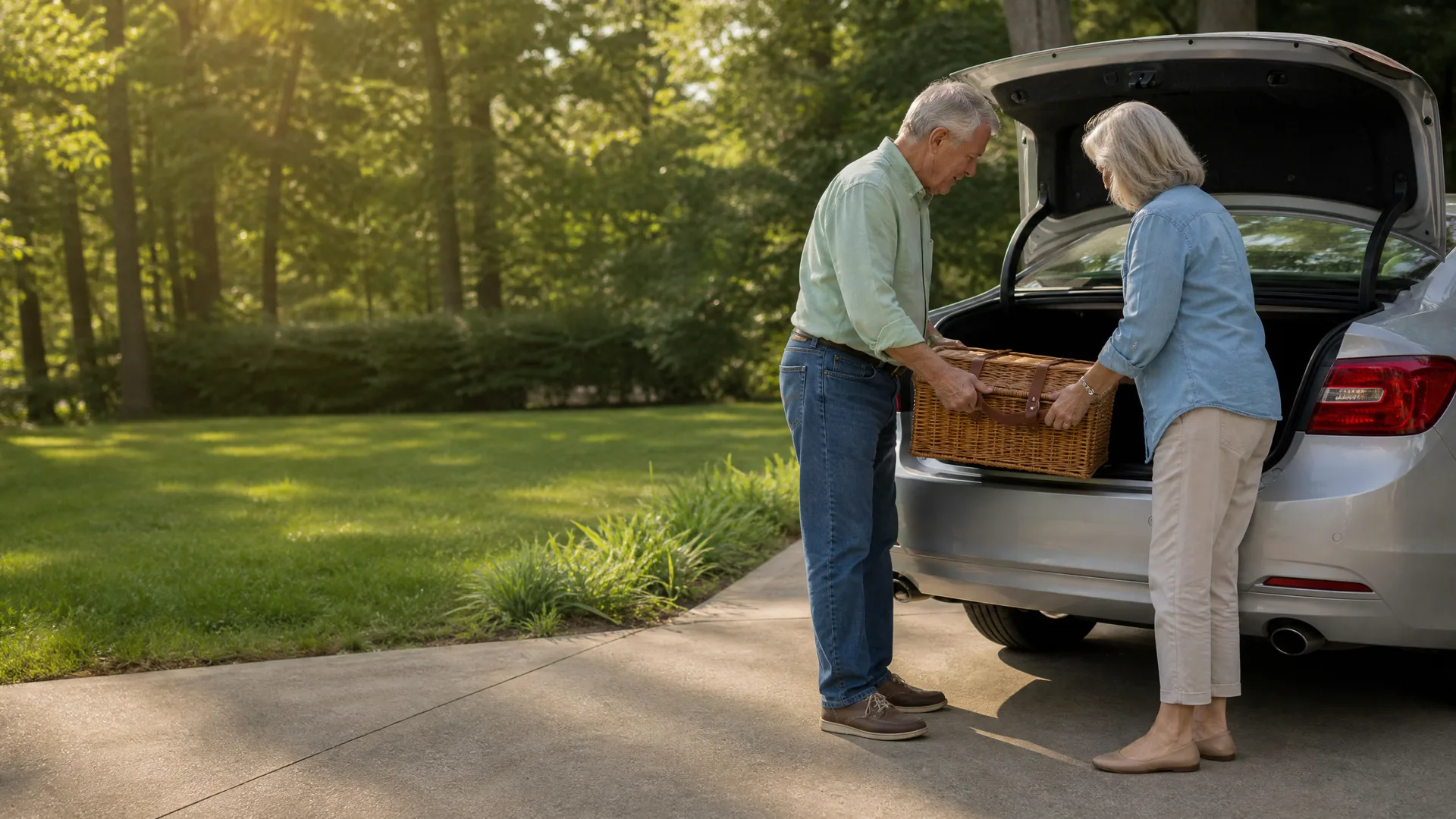 An older man and woman load a wicker picnic basket into the open trunk of a silver sedan parked on a concrete driveway beside a lawn and trees.