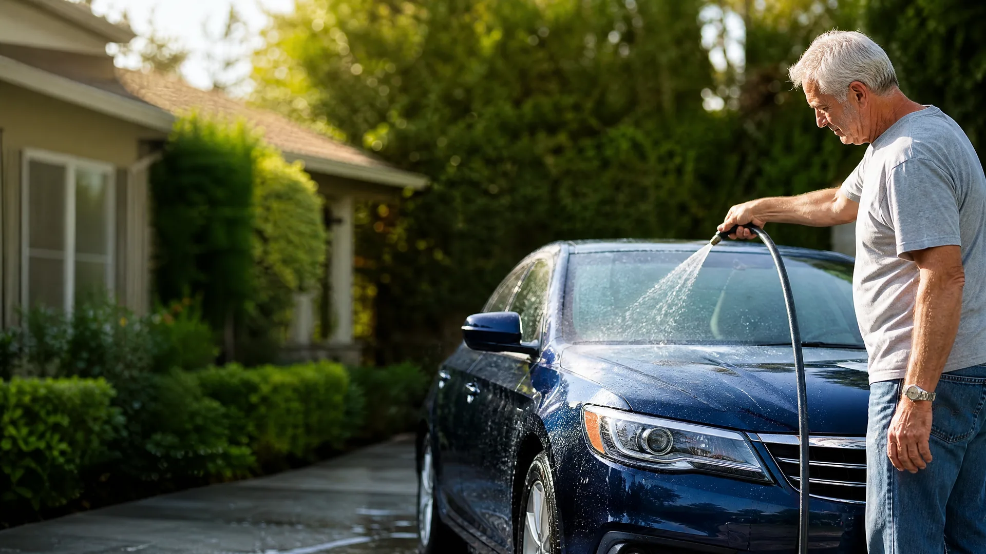An older man in a gray T-shirt sprays water from a garden hose onto the hood of a dark blue sedan in a driveway beside a house with hedges and trees.