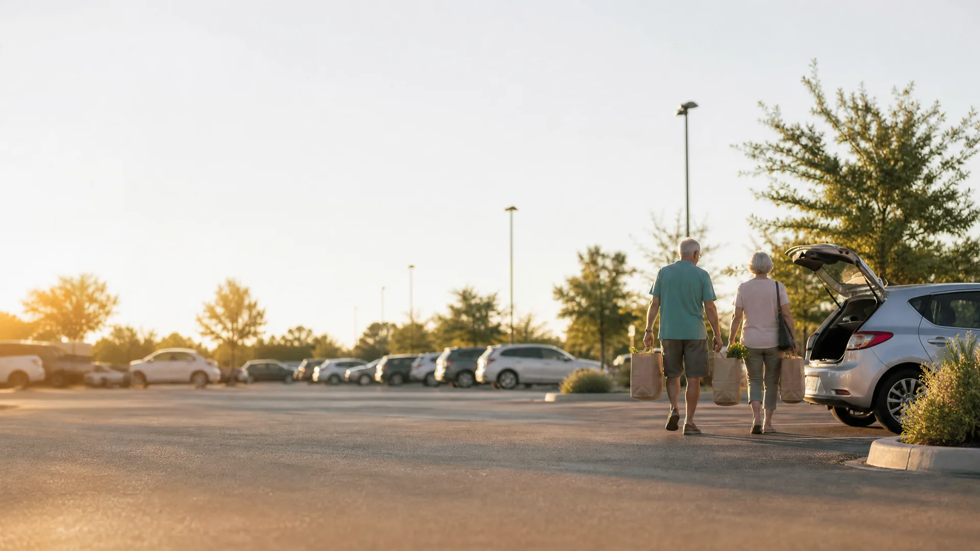 Two people carrying paper grocery bags walk across a parking lot toward a silver hatchback with its rear hatch open, with parked cars, light poles and trees in the background under a bright hazy sky.