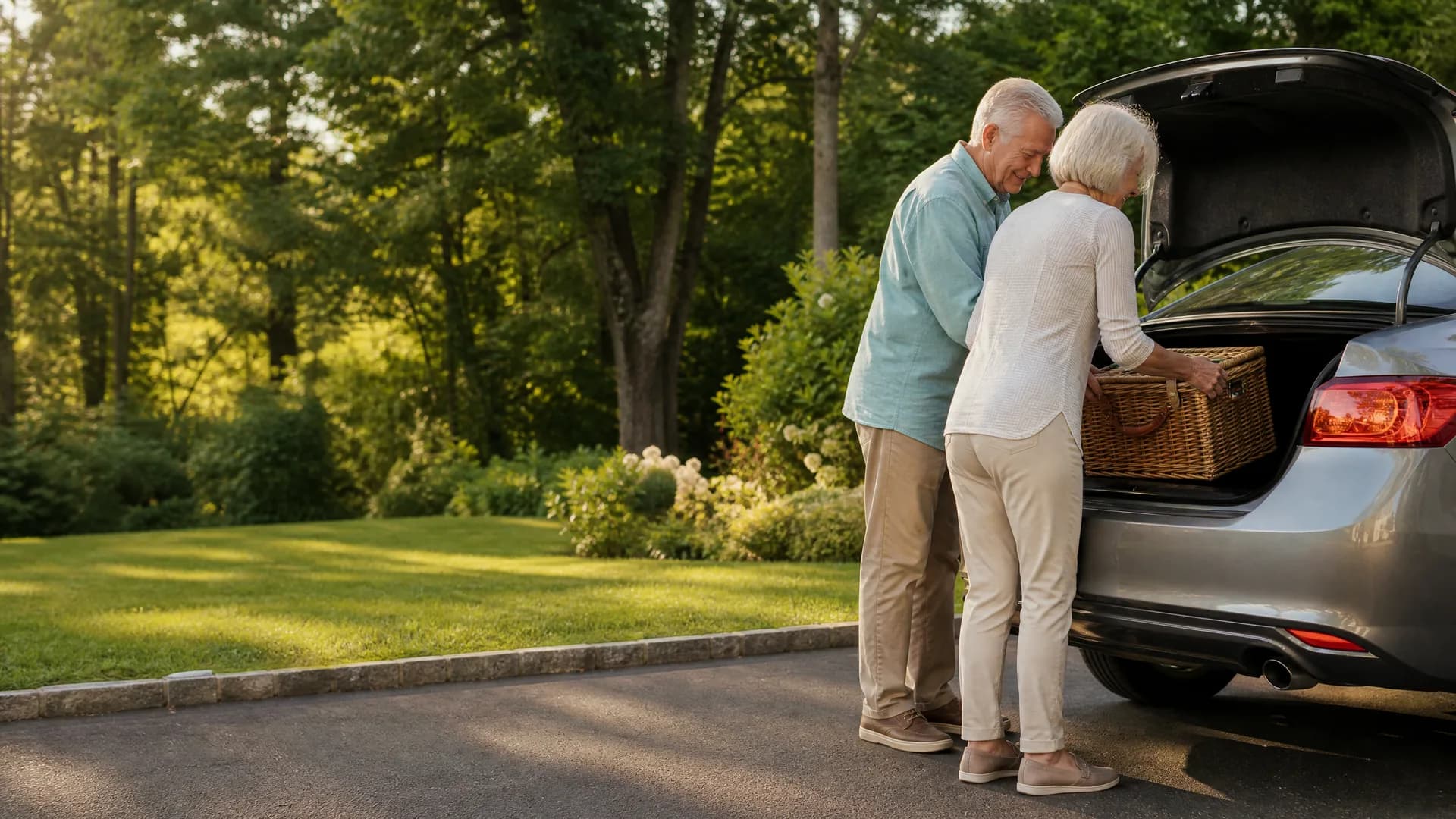 An older man and woman load a wicker picnic basket into the open trunk of a silver sedan parked on a paved driveway beside a lawn and green trees.