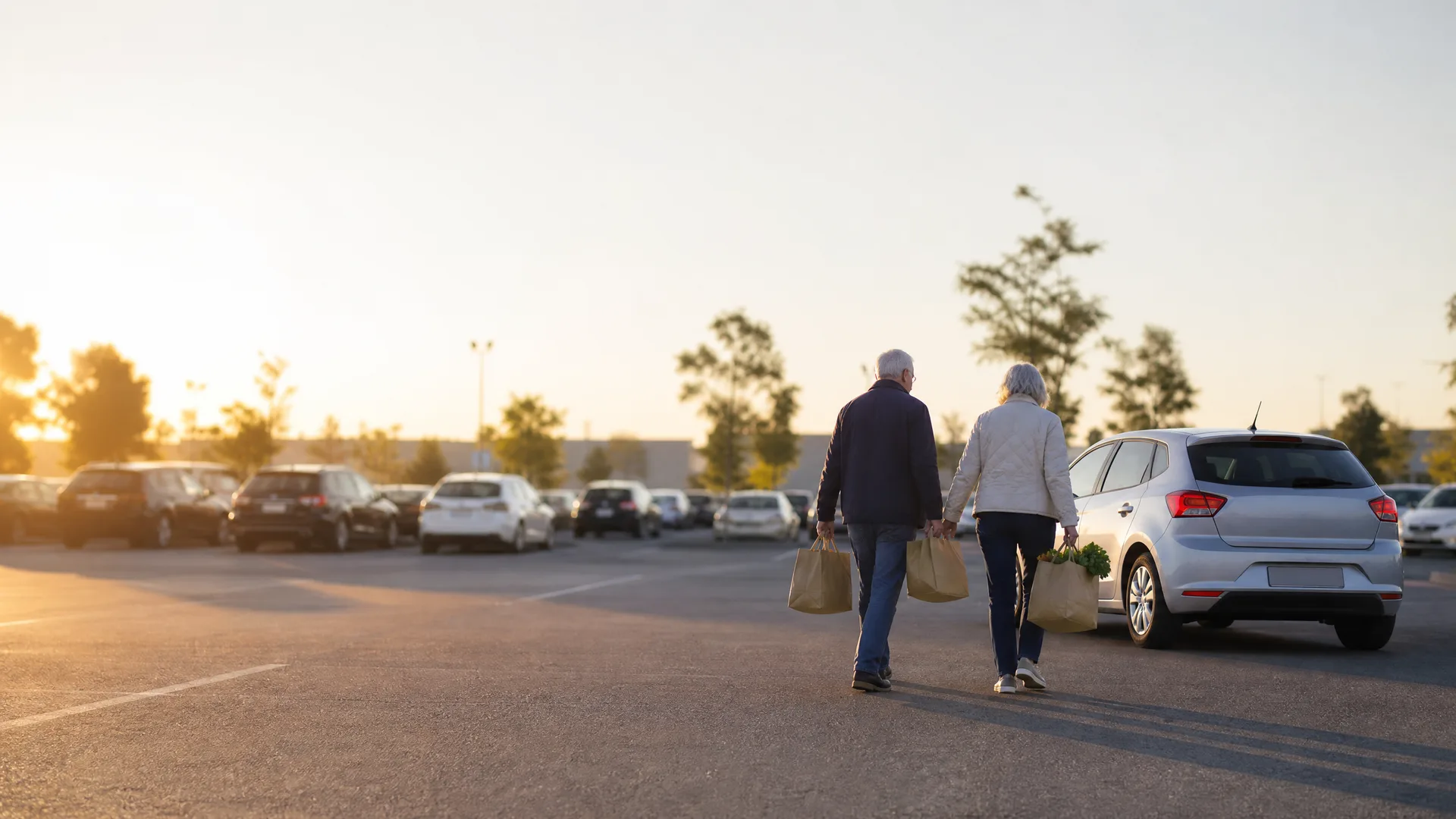 An older couple walk away from the camera across a parking lot at sunset, each carrying paper shopping bags, with a silver hatchback and rows of parked cars and thin trees in the background.