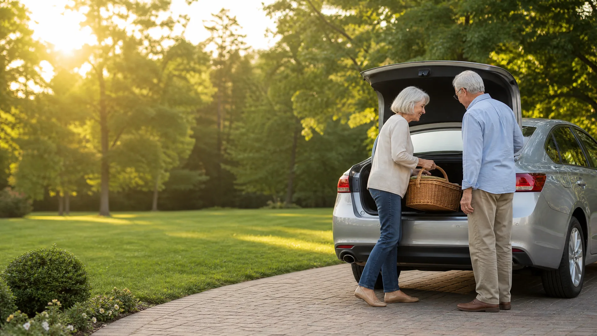 An older woman and man load a wicker basket into the open trunk of a silver sedan parked on a paved driveway beside a lawn and trees.