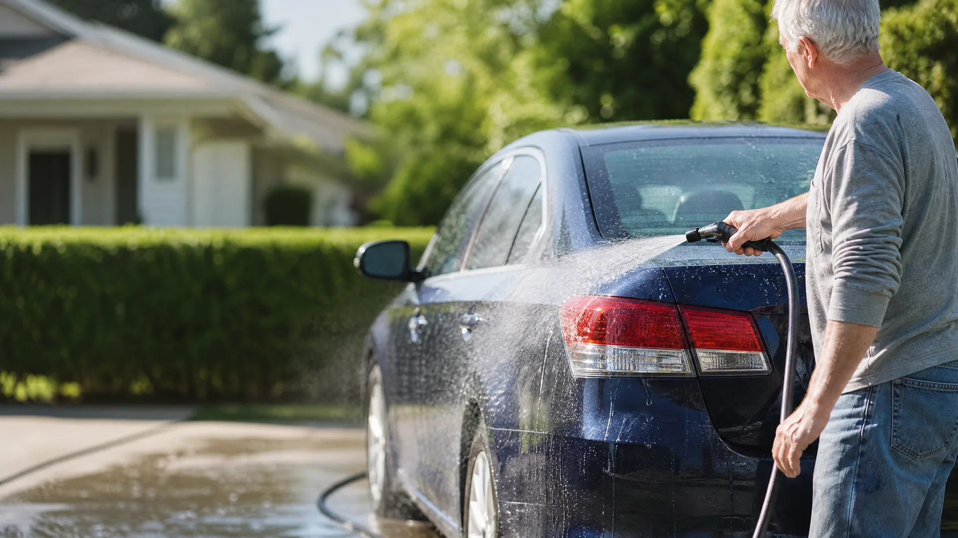 An older man in a gray long-sleeve shirt and jeans sprays water from a hose nozzle onto the rear of a dark blue sedan parked on a driveway, with a hedge and a house in the background.