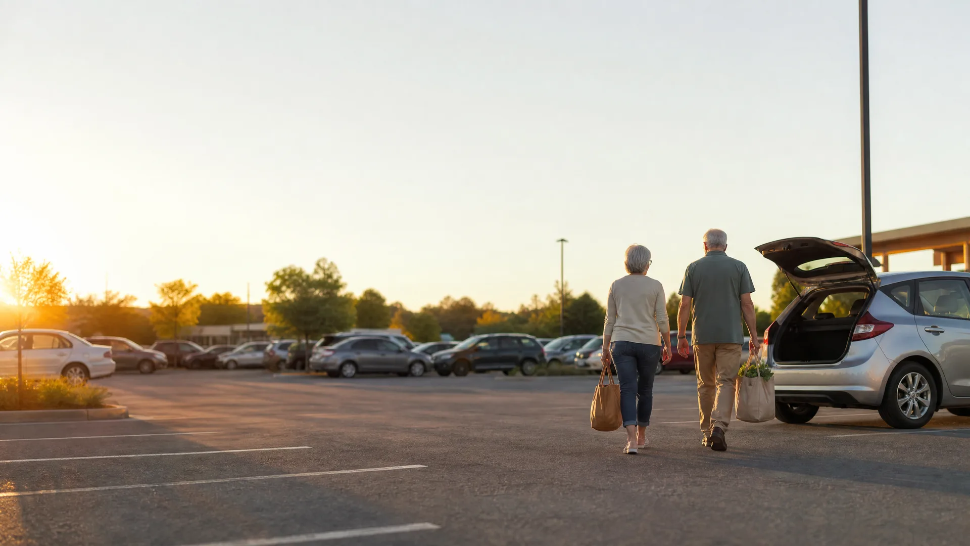 Two people carrying bags walk across a parking lot toward a hatchback car with its rear door open, with rows of parked cars and trees behind them at low sun.