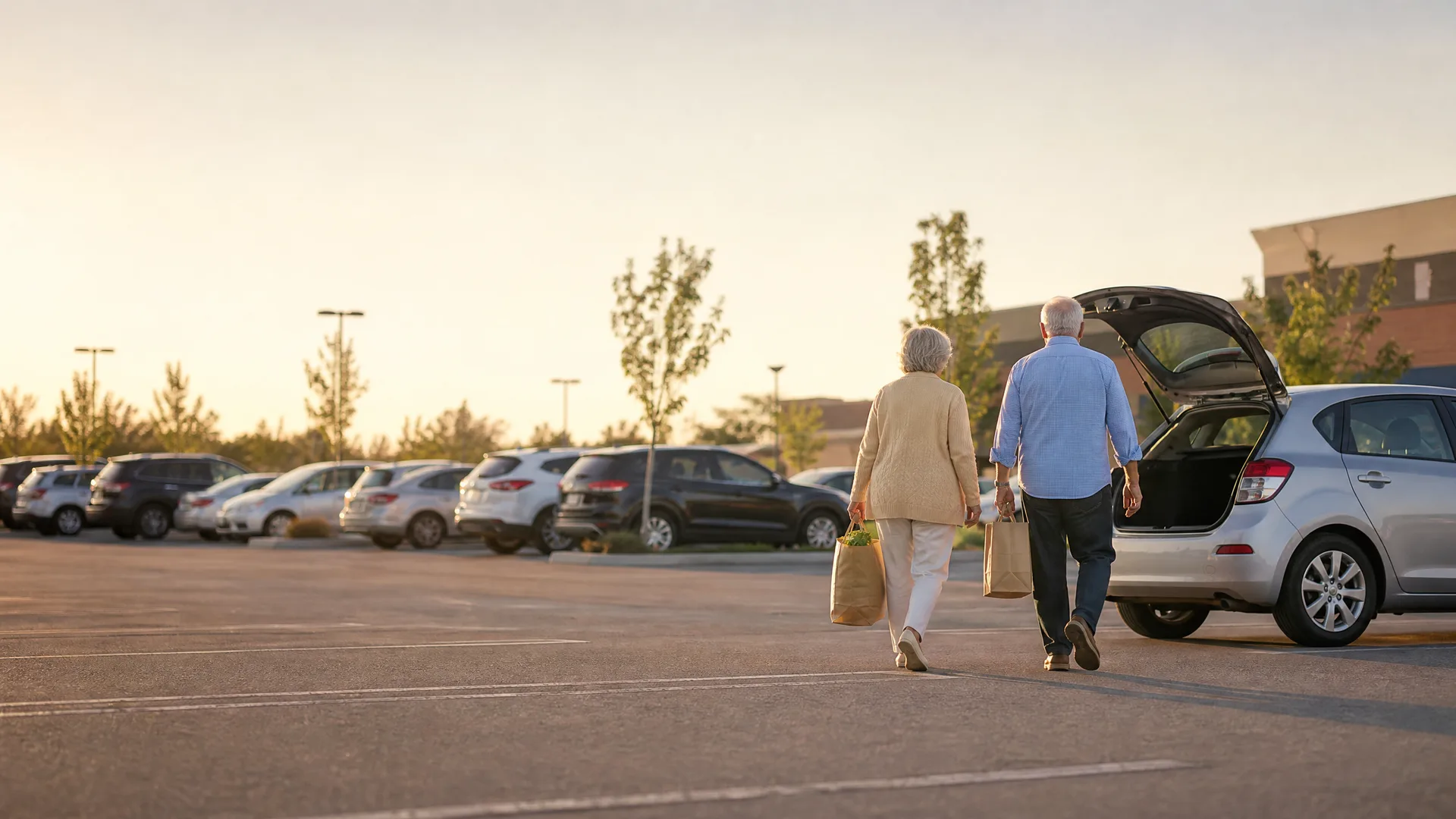 An older man and woman walk away from the camera across a parking lot carrying paper grocery bags toward a silver hatchback with its rear hatch open, with rows of parked cars and young trees behind them under a hazy sky.