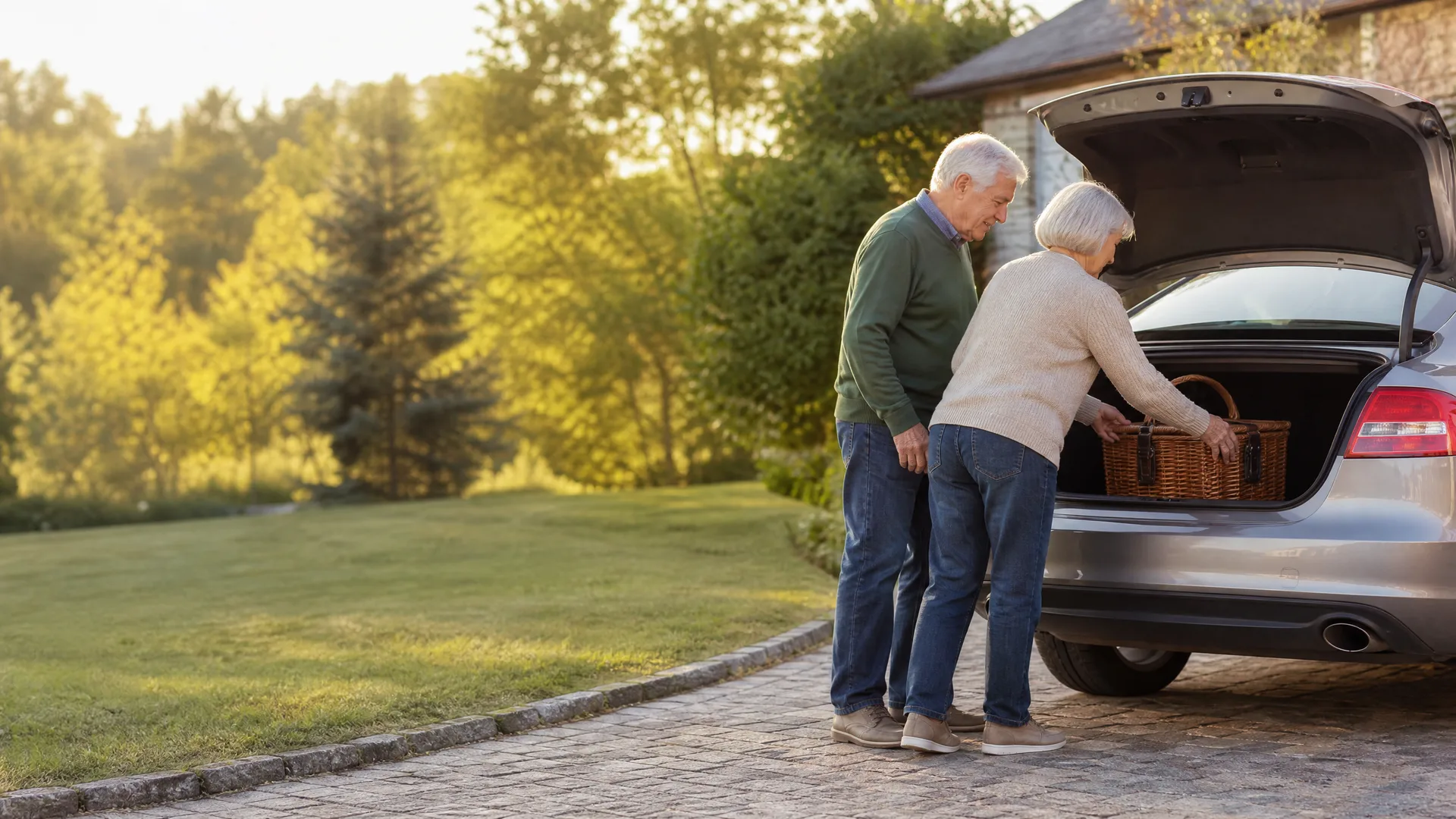 An older man and woman stand at the open rear hatch of a silver car on a paved driveway, loading a wicker basket, with a lawn, trees and a stone house behind them.