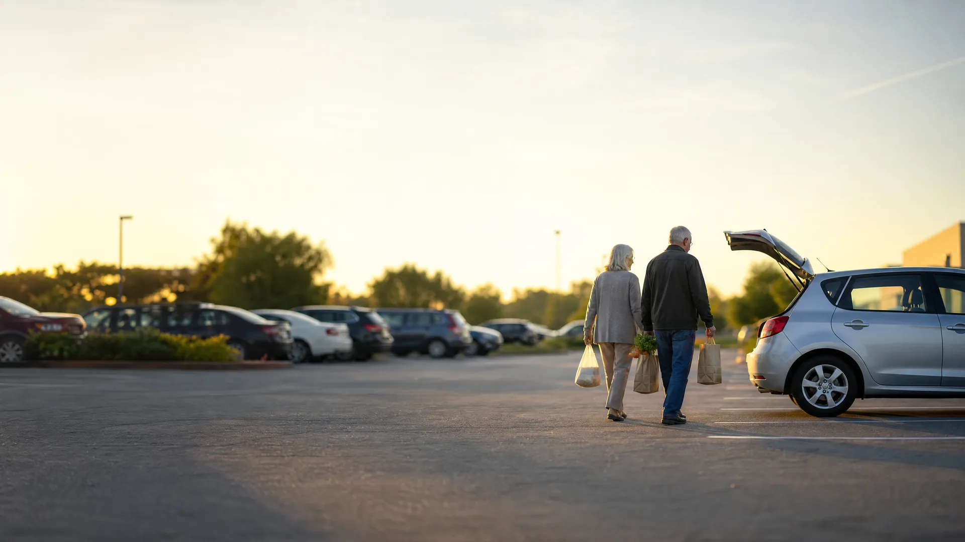 Two people carrying paper grocery bags walk across a parking lot toward a silver hatchback with its rear hatch open, with parked cars and trees in the background at sunset.