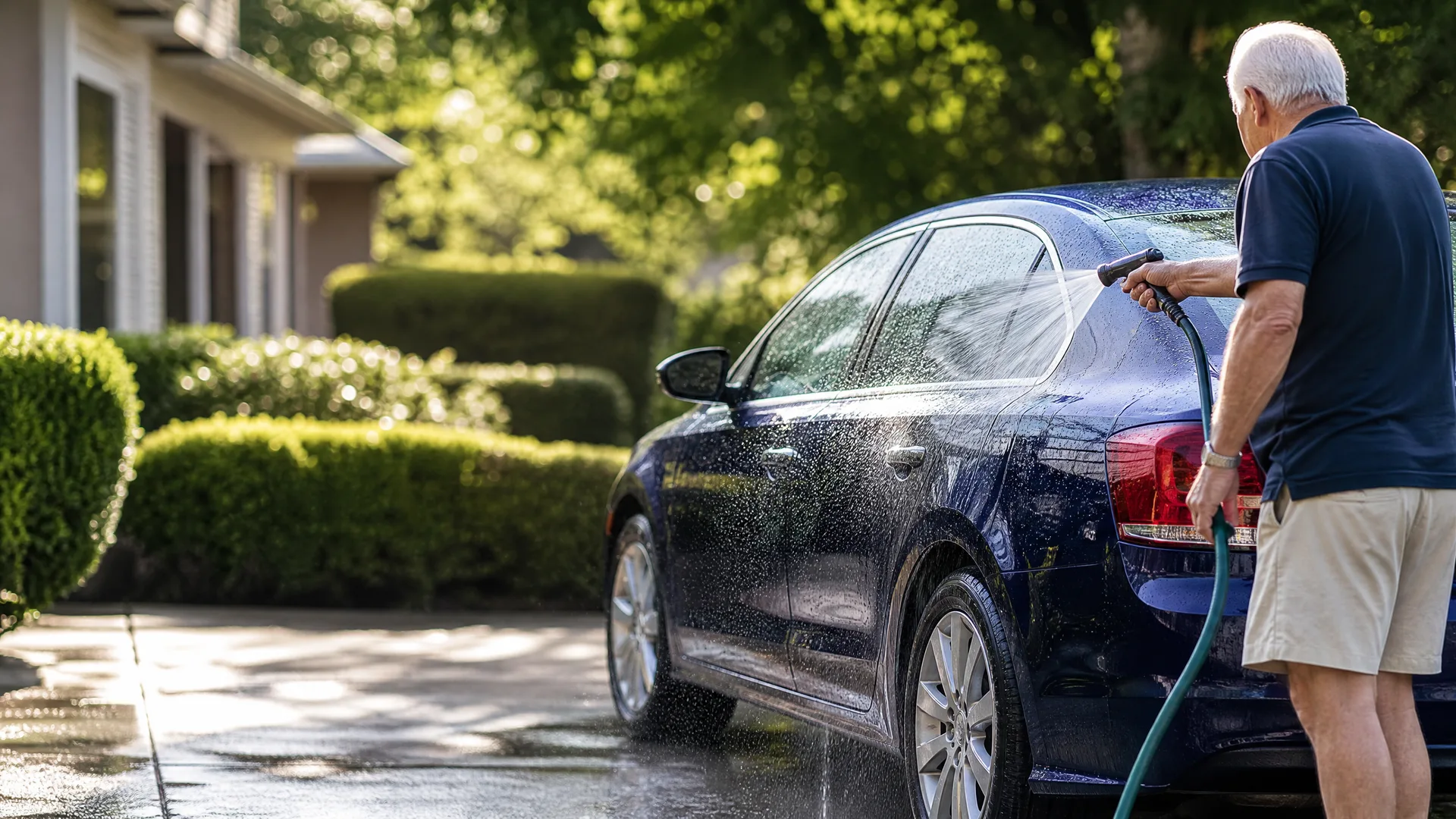 A man in a dark polo shirt and khaki shorts sprays water from a green hose onto a dark blue sedan parked on a wet driveway beside trimmed hedges and a house.