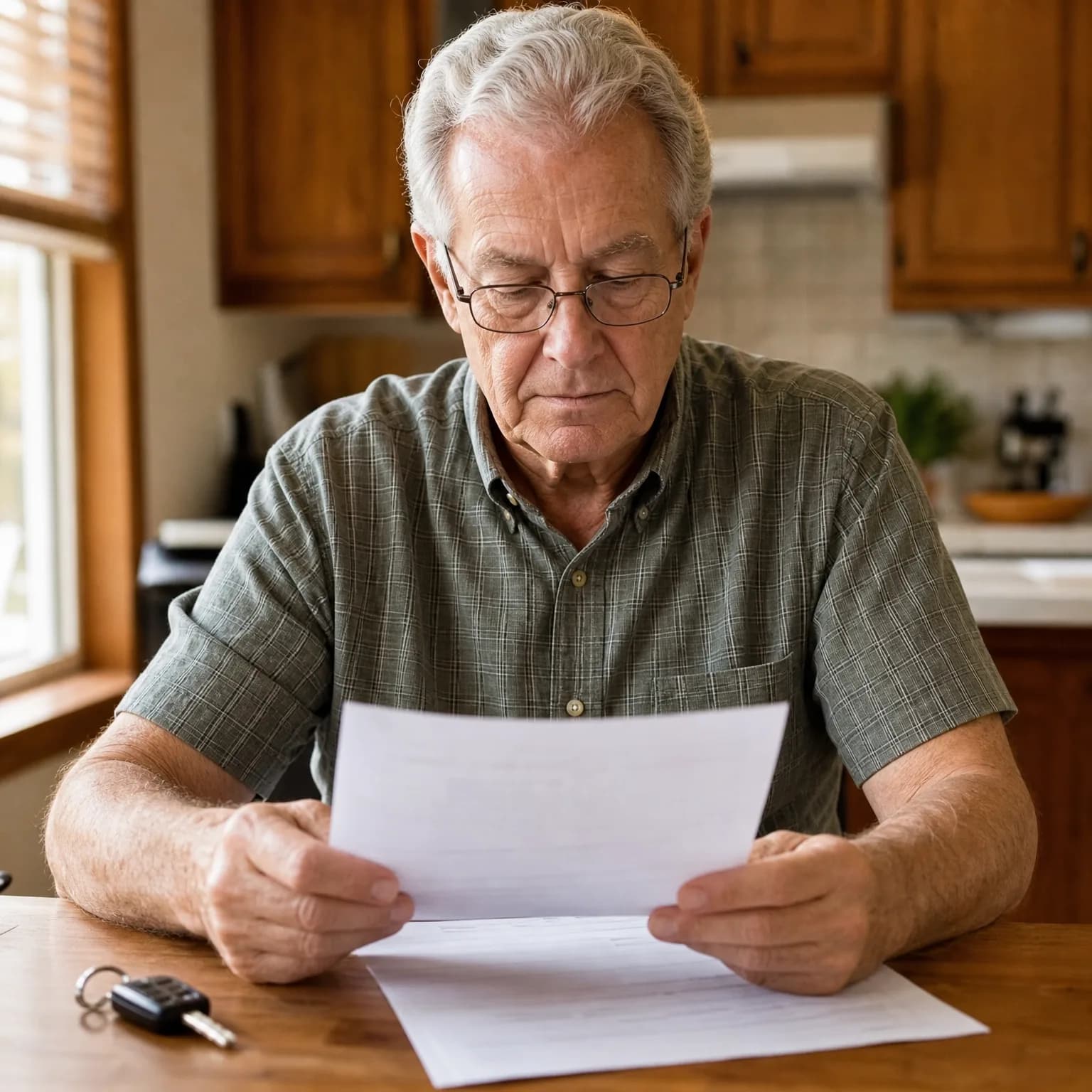 An older man with glasses and a gray plaid short-sleeve shirt sits at a wooden table in a kitchen, reading a sheet of paper, with car keys and another document on the table.