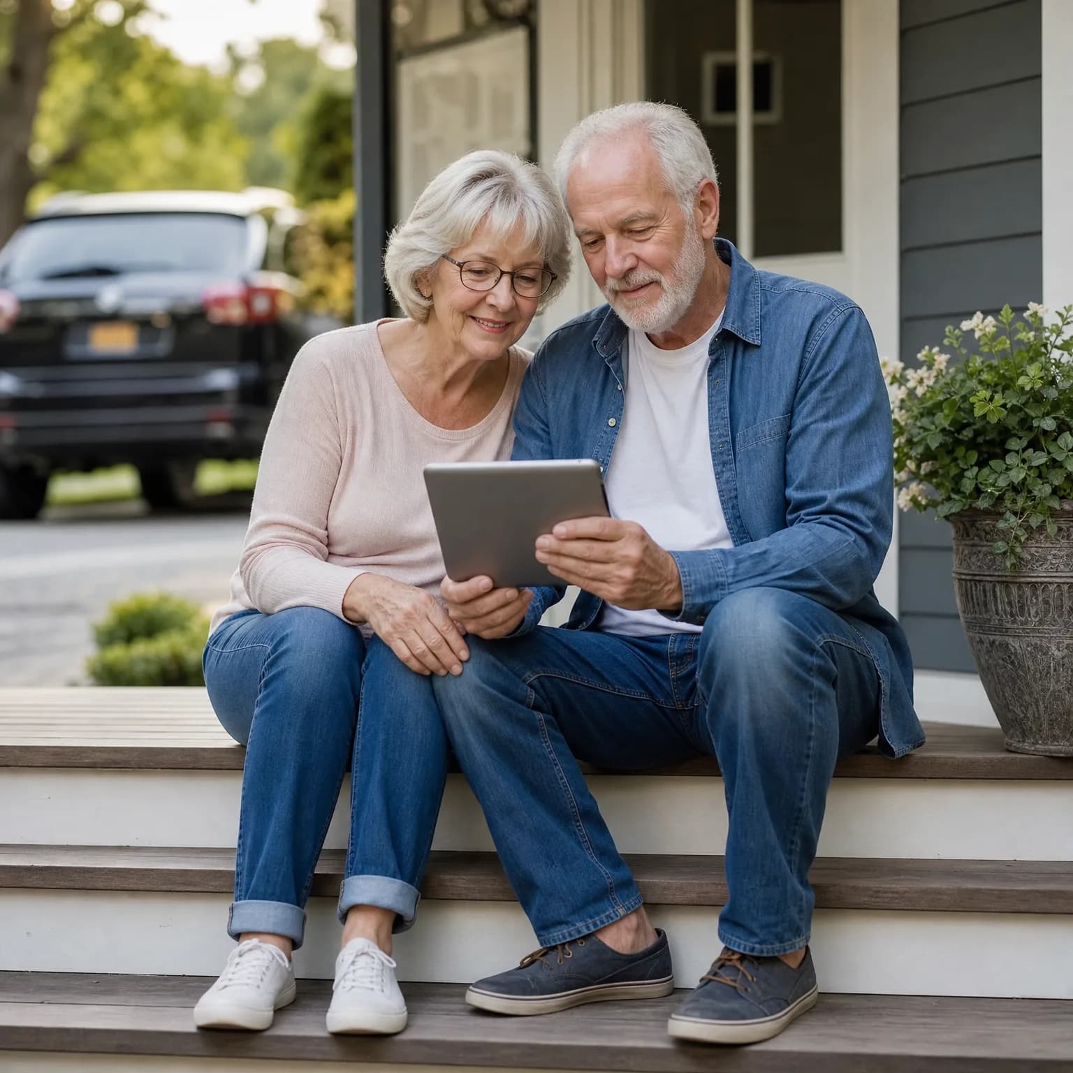 An older couple in jeans sits on wooden porch steps of a house, looking together at a tablet, with a dark SUV and trees blurred in the background and a potted flowering plant to the right.