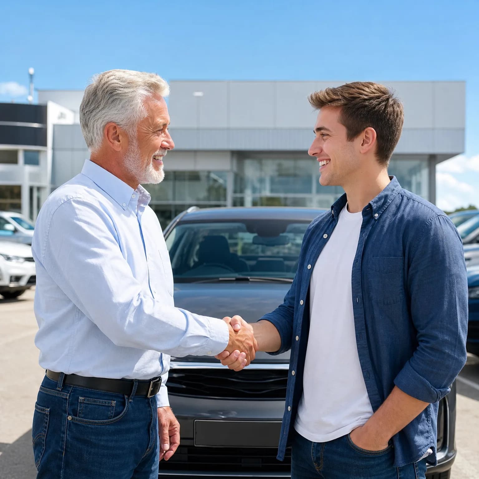Two men, one older with white hair and a light blue shirt and one younger in a dark blue shirt over a white tee, shake hands in front of a dark car outside a glass-fronted building under a clear sky.