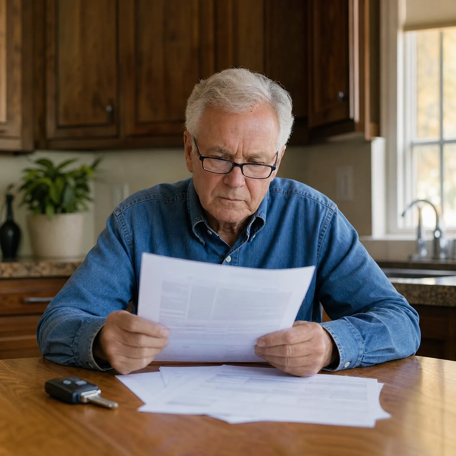 An older man in a denim shirt and glasses sits at a wooden kitchen table reading printed documents, with more papers and a car key fob on the table.