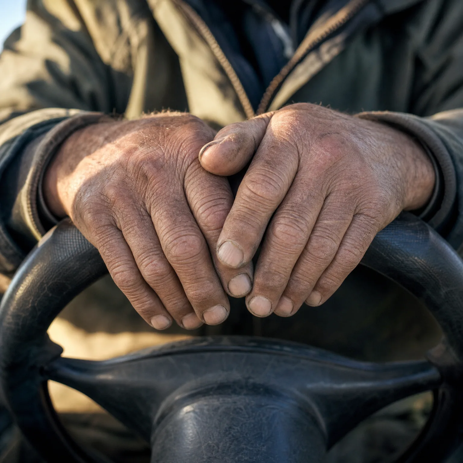 Close-up of a person's weathered, calloused hands resting crossed on a worn black steering wheel, with a layered jacket visible above.