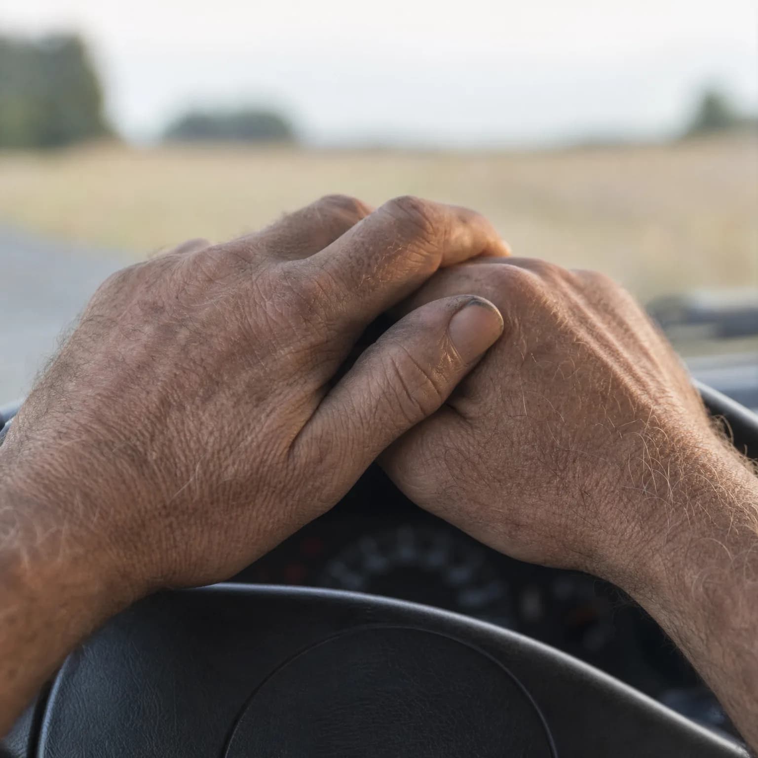 Close-up of a person's weathered hands resting one over the other on a steering wheel, with a blurred field and trees visible through the windshield.