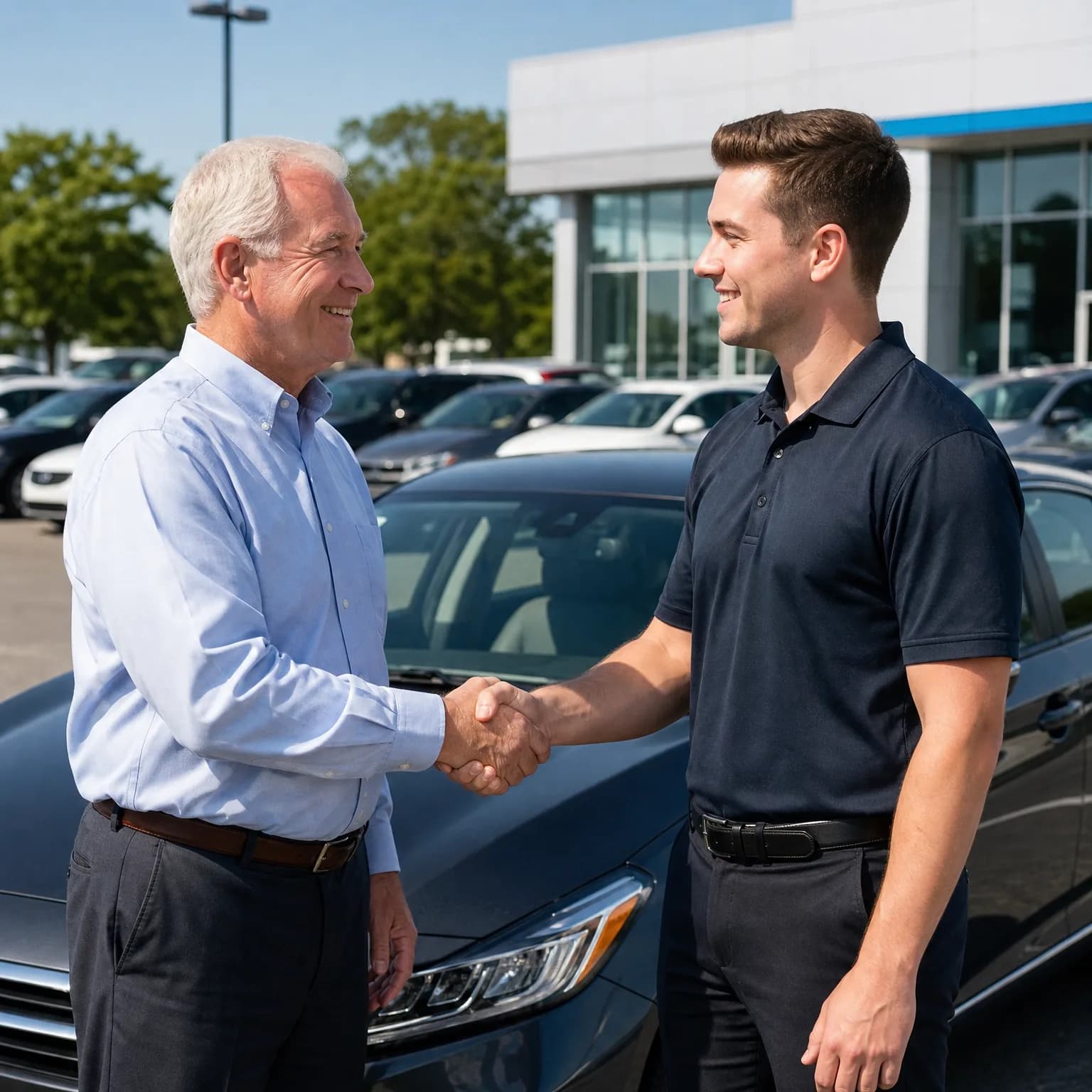 Two men shake hands in front of a dark sedan in an outdoor lot filled with parked cars, with a glass-fronted building behind them.