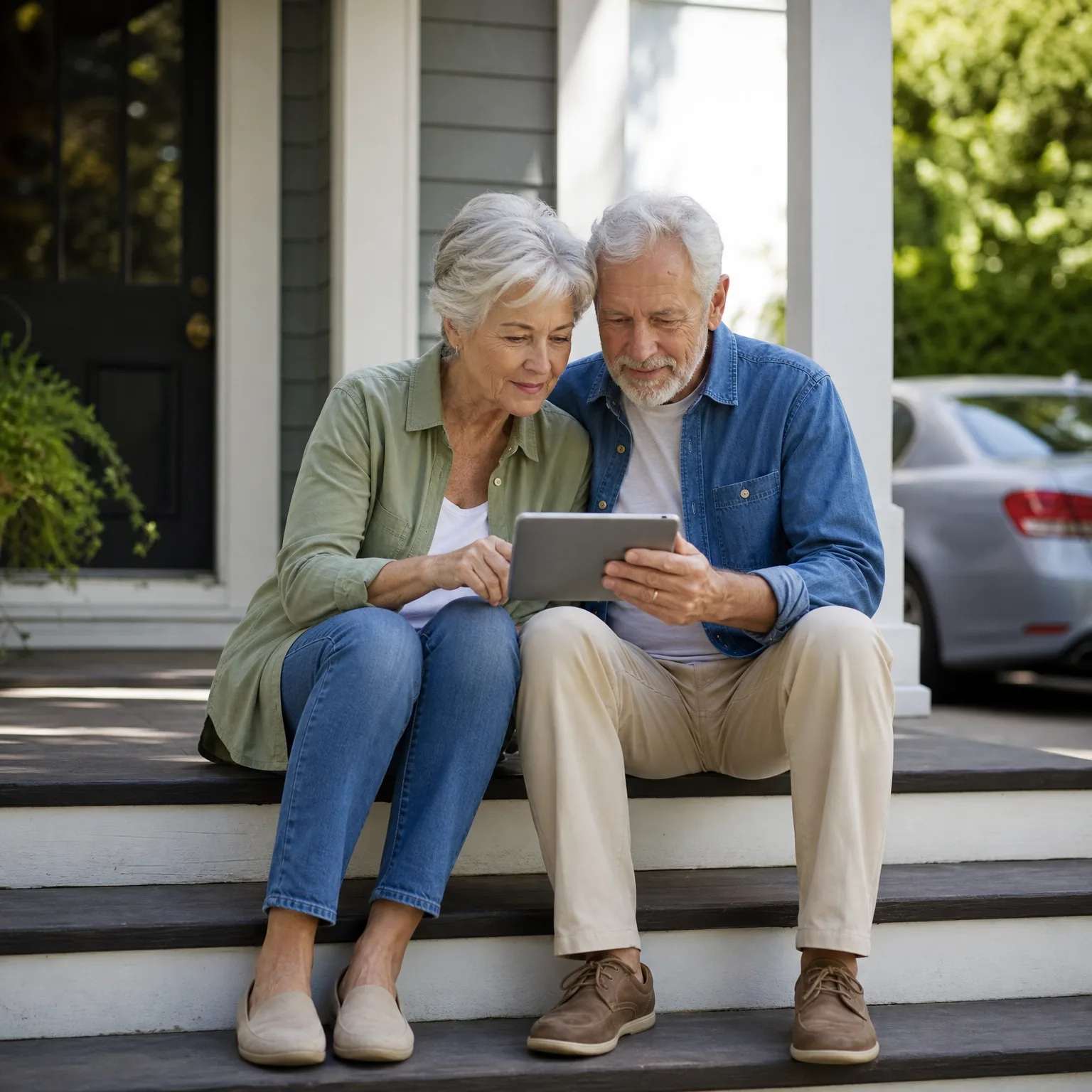 An older woman in a green shirt and an older man in a denim shirt sit together on white porch steps looking at a tablet, with a parked silver car and greenery behind them.