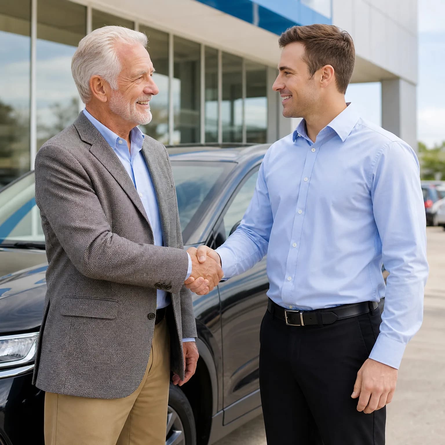 Two men shake hands outdoors beside a dark car in front of a glass-fronted building, one older in a tweed blazer and tan trousers, the other younger in a light blue shirt and dark trousers.