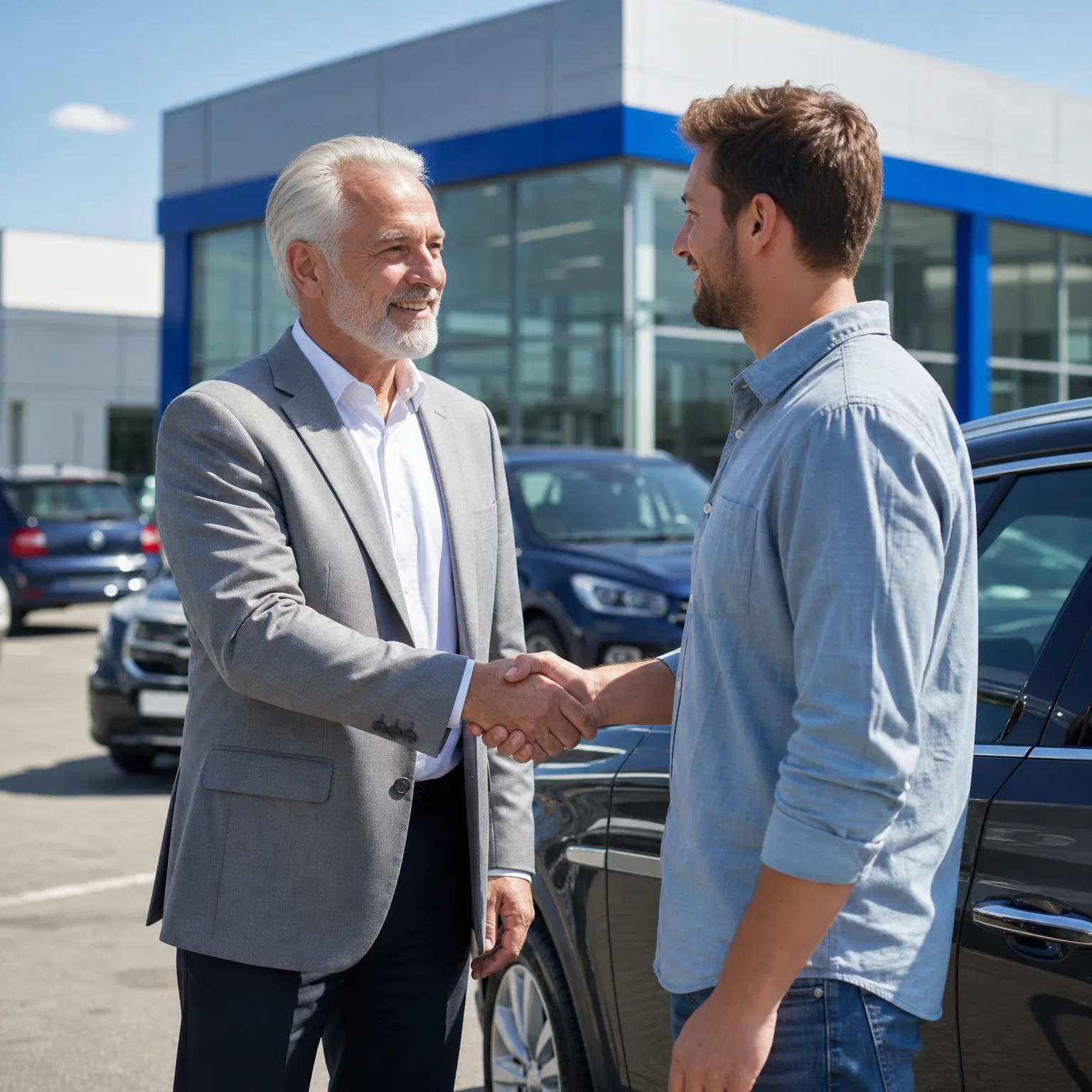 Two men shake hands in a paved lot beside a dark SUV, in front of a glass-fronted building with a blue stripe and other parked cars.