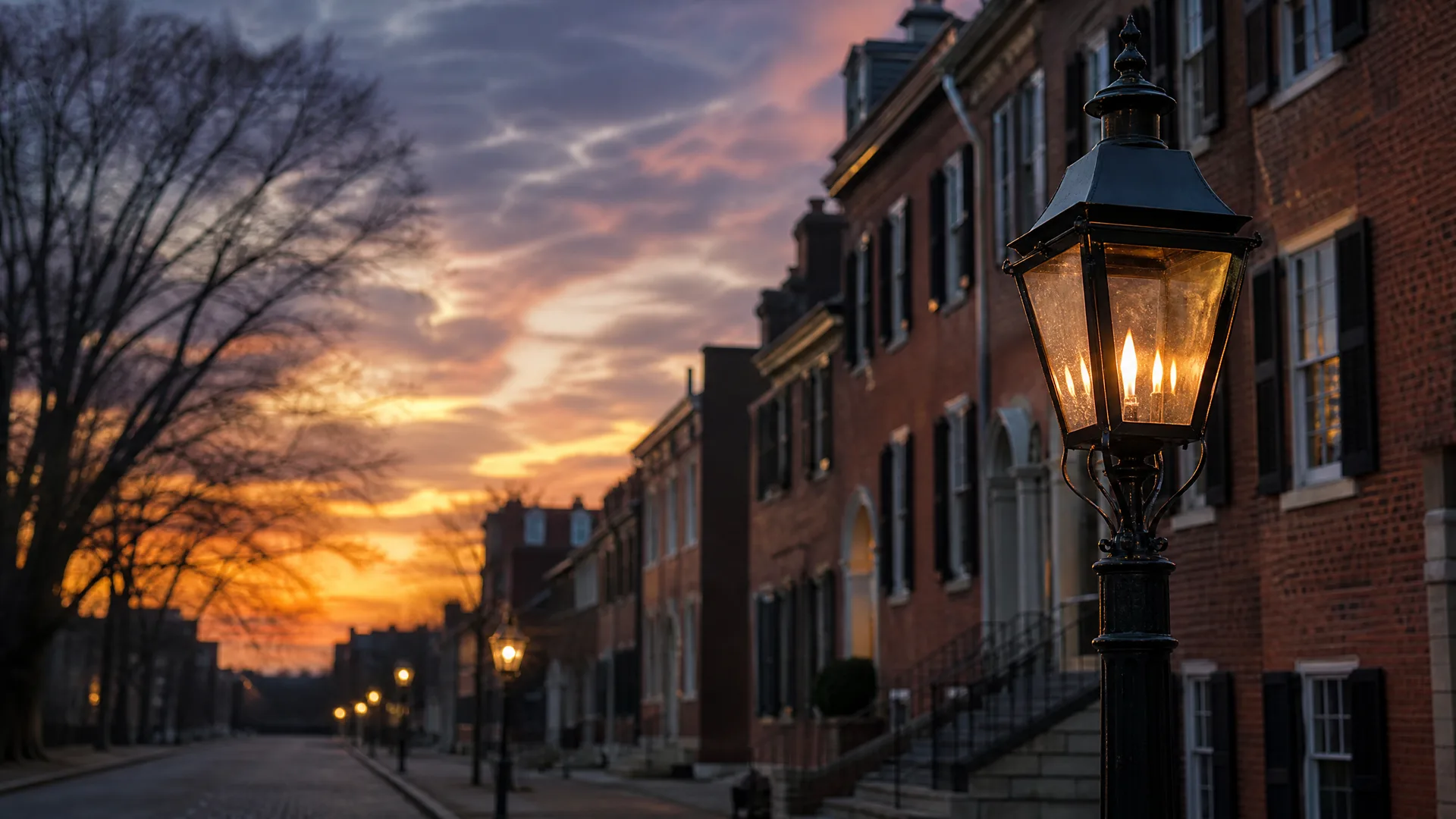 A lit gas-style street lamp in the foreground along a street of brick row houses, with bare trees and an orange and purple sunset sky in the background.